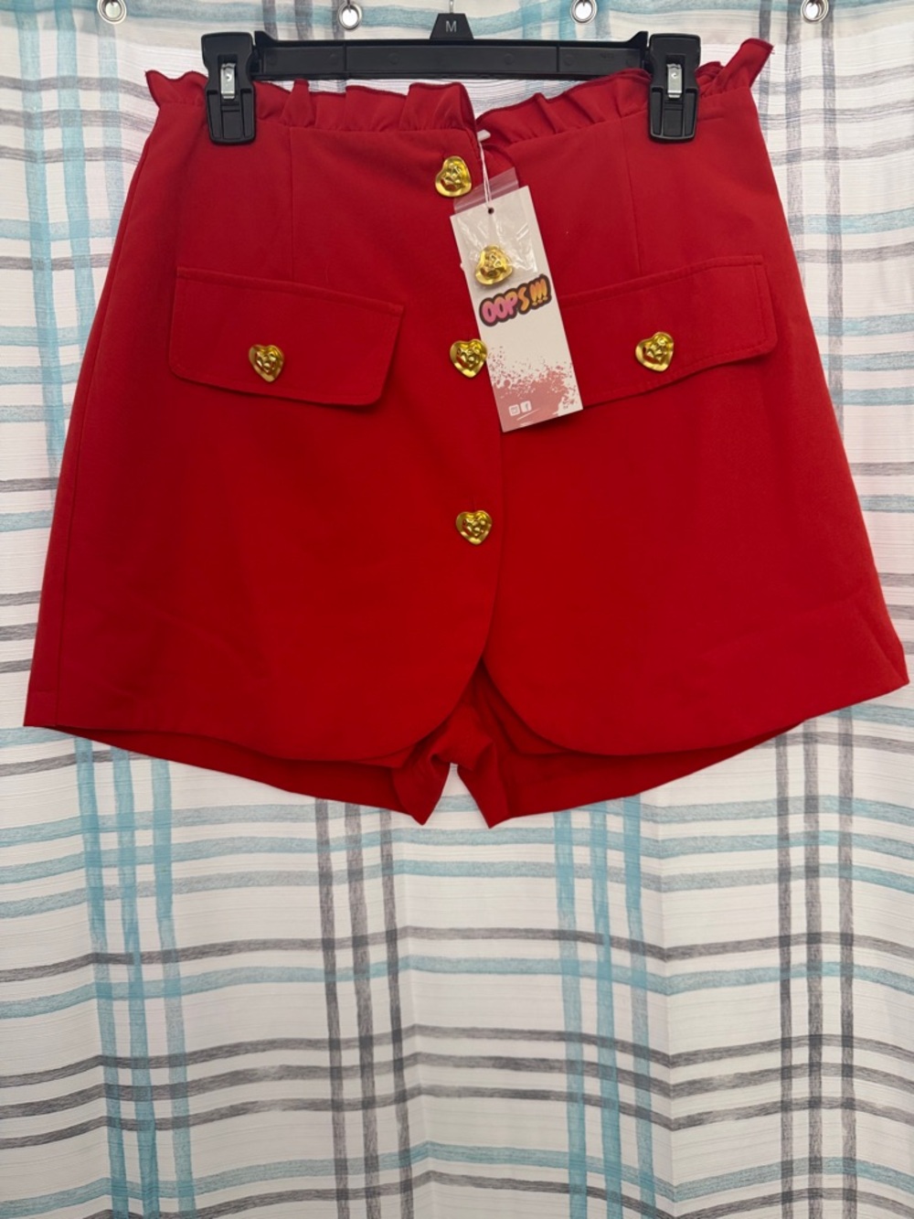 High-Waist Red Paperbag Shorts with Gold Heart Buttons